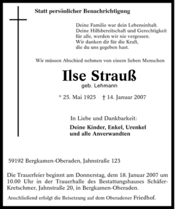 Traueranzeige von Ilse Strauß von Tageszeitung