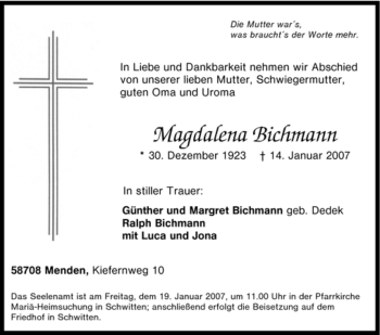 Traueranzeige von Magdalena Bichmann von Tageszeitung