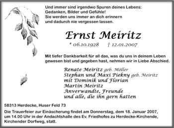 Traueranzeige von Ernst Meiritz von Tageszeitung