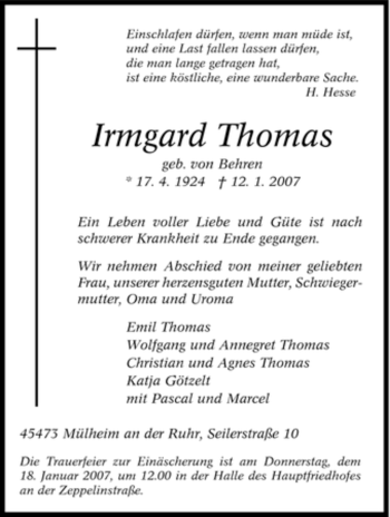 Traueranzeige von Irmgard Thomas von Tageszeitung
