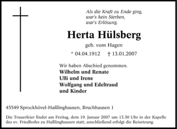 Traueranzeige von Herta Hülsberg von Tageszeitung