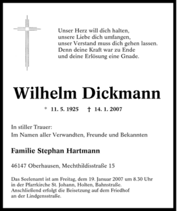 Traueranzeige von Wilhelm Dickmann von Tageszeitung