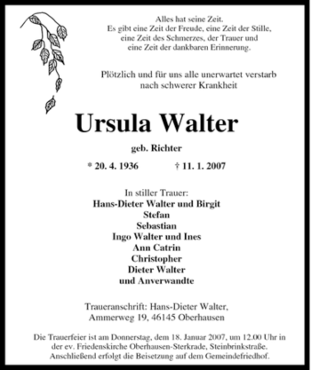 Traueranzeige von Ursula Walter von Tageszeitung