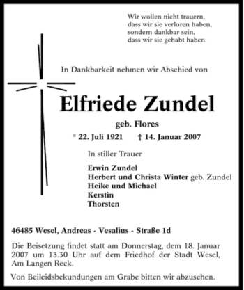 Traueranzeige von Elfriede Zundel von Tageszeitung
