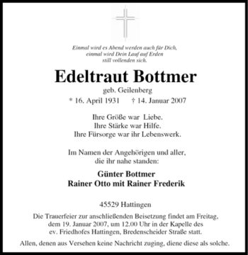 Traueranzeige von Edeltraut Bottmer von Tageszeitung