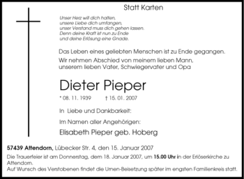 Traueranzeige von Dieter Pieper von Tageszeitung