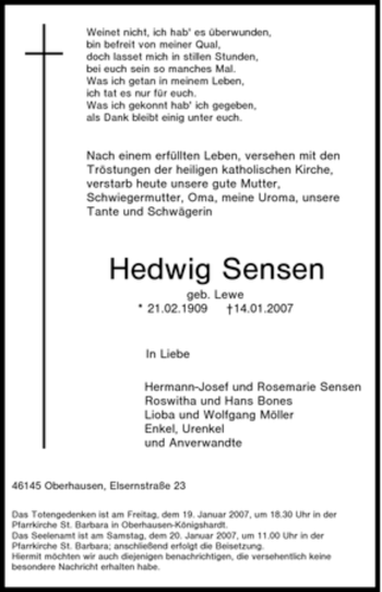 Traueranzeige von Hedwig Sensen von Tageszeitung