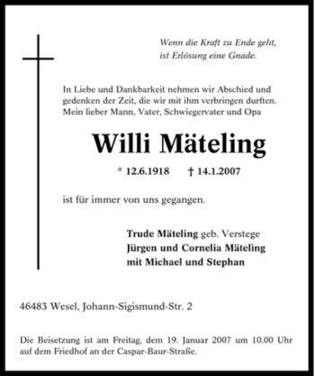 Traueranzeige von Willi Mäteling von Tageszeitung
