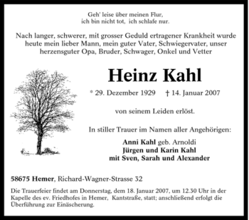 Traueranzeige von Heinz Kahl von Tageszeitung