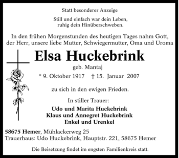 Traueranzeige von Elsa Huckebrink von Tageszeitung