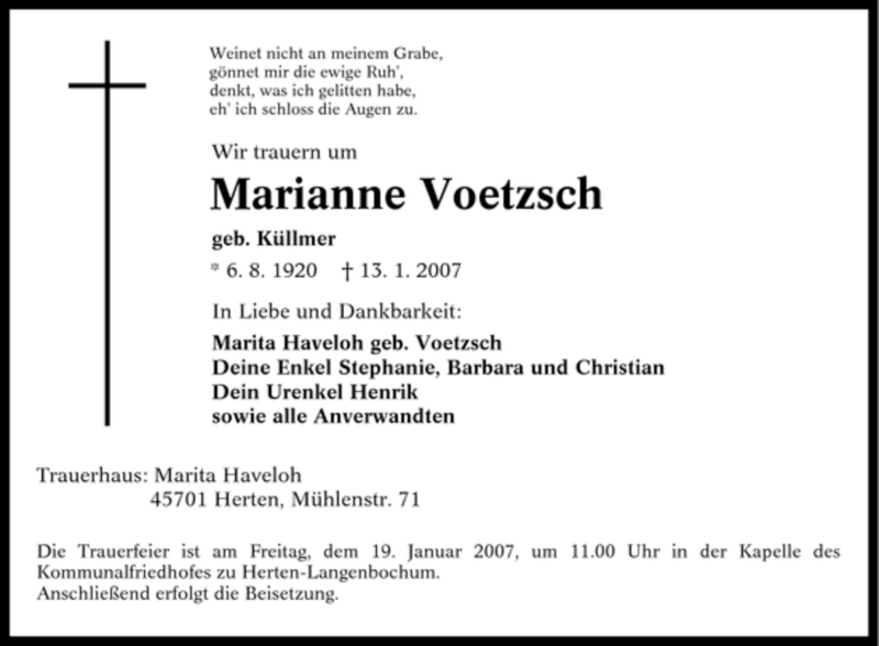  Traueranzeige für Marianne Voetzsch vom 16.01.2007 aus Tageszeitung