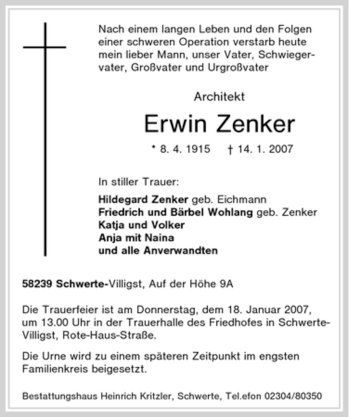 Traueranzeige von Erwin Zenker von Tageszeitung