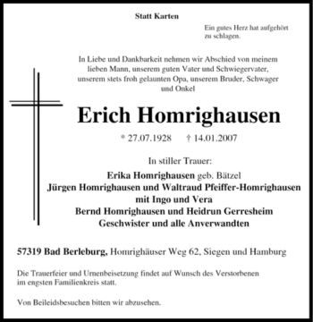 Traueranzeige von Erich Homrighausen von Tageszeitung