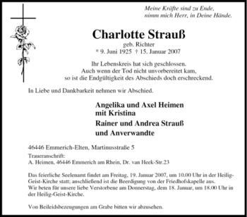 Traueranzeige von Charlotte Strauß von Tageszeitung