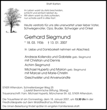Traueranzeige von Gerhard Siegmund von Tageszeitung