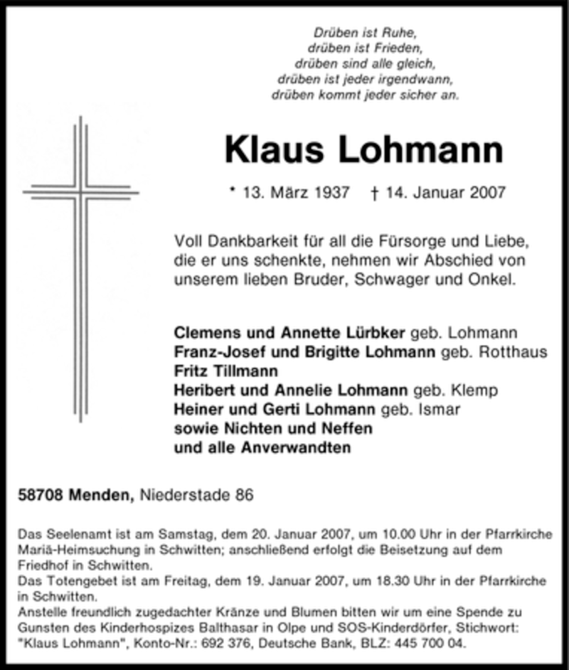  Traueranzeige für Klaus Lohmann vom 16.01.2007 aus Tageszeitung
