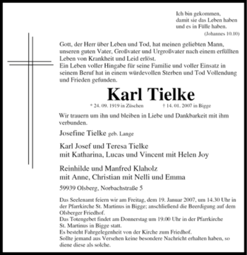 Traueranzeige von Karl Tielke von Tageszeitung