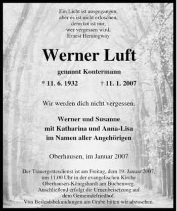Traueranzeige von Werner Luft von Tageszeitung