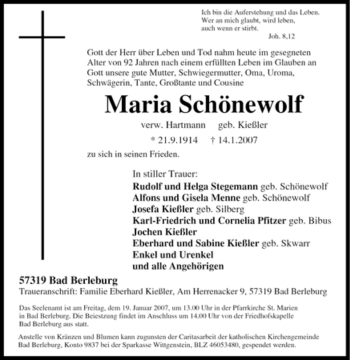 Traueranzeige von Maria Schönewolf von Tageszeitung