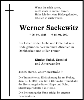 Traueranzeige von Werner Sackewitz von Tageszeitung