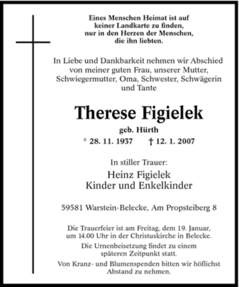 Traueranzeige von Therese Figielek von Tageszeitung