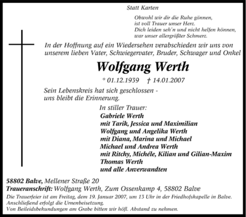  Traueranzeige für Wolfgang Werth vom 16.01.2007 aus Tageszeitung