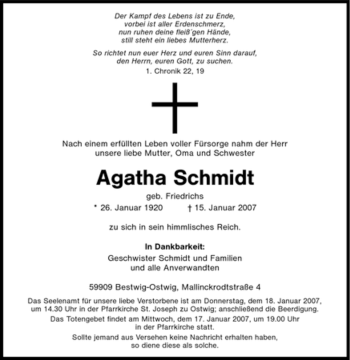 Traueranzeige von Agatha Schmidt von Tageszeitung