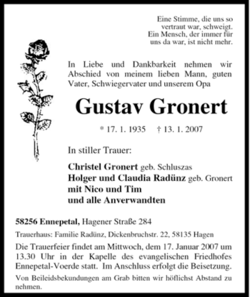 Traueranzeige von Gustav Gronert von Tageszeitung