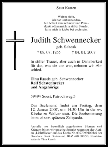 Traueranzeige von Judith Schwennecker von Tageszeitung
