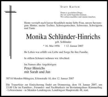 Traueranzeige von Monika Schlünder-Hinrichs von Tageszeitung