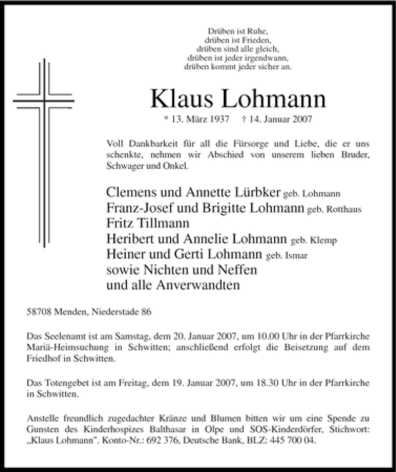 Traueranzeige für Klaus Lohmann vom 17.01.2007 aus Tageszeitung