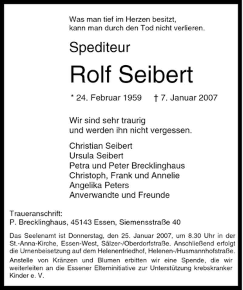  Traueranzeige für Rolf Seibert vom 17.01.2007 aus Tageszeitung