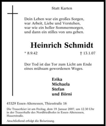 Traueranzeige von Heinrich Schmidt von Tageszeitung