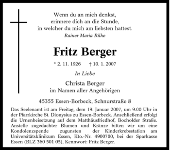 Traueranzeige von Fritz Berger von Tageszeitung
