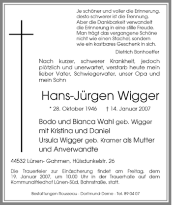 Traueranzeige von Hans-Jürgen Wigger von Tageszeitung