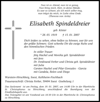 Traueranzeige von lisabeth Spindeldreier von Tageszeitung