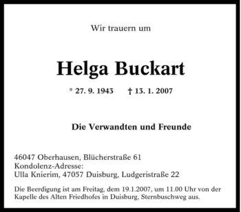 Traueranzeige von Helga Buckart von Tageszeitung