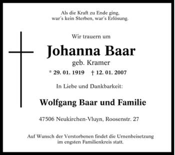 Traueranzeige von Johanna Baar von Tageszeitung