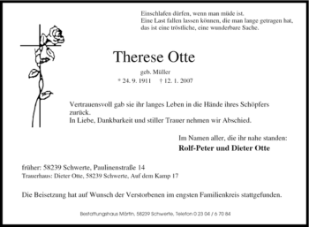 Traueranzeige von herese Otte von Tageszeitung