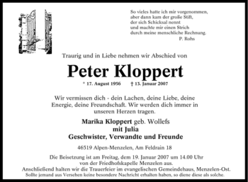 Traueranzeige von Peter Kloppert von Tageszeitung