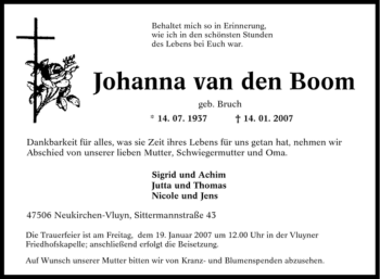Traueranzeige von Johanna van den Boom von Tageszeitung
