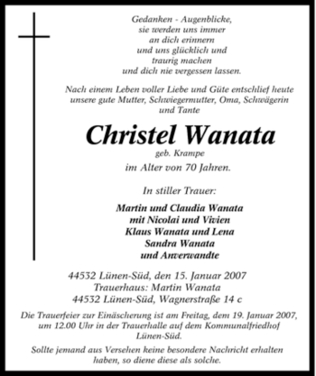 Traueranzeige von Christel Wanata von Tageszeitung