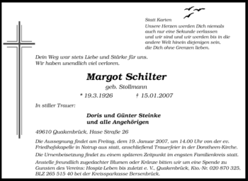 Traueranzeige von Margot Schilter von Tageszeitung