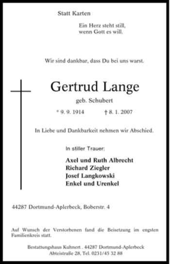 Traueranzeige von Gertrud Lange von Tageszeitung