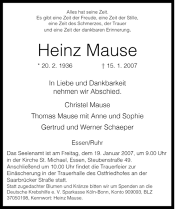 Traueranzeige von Heinz Mause von Tageszeitung
