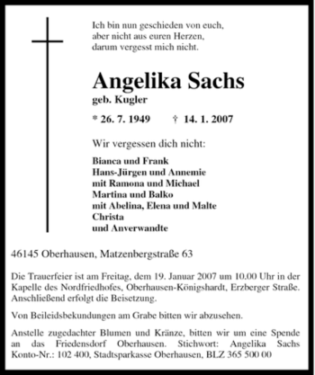 Traueranzeige von Angelika Sachs von Tageszeitung