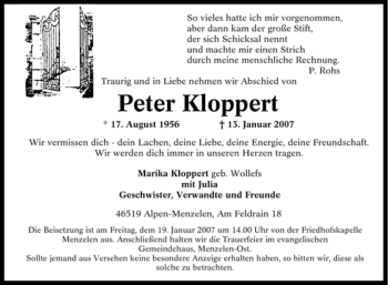 Traueranzeige von Peter Kloppert von Tageszeitung