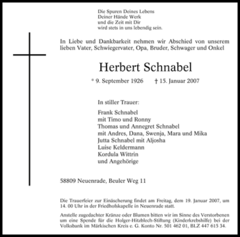 Traueranzeige von Herbert Schnabel von Tageszeitung