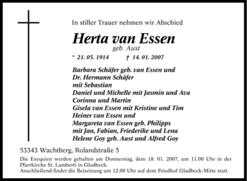 Traueranzeige von Herta van Essen von Tageszeitung