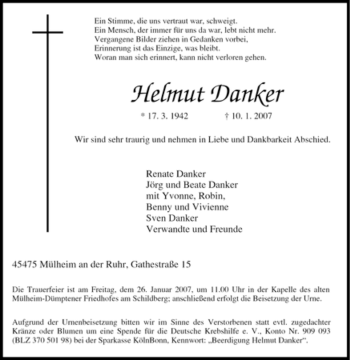 Traueranzeige von Helmut Danker von Tageszeitung